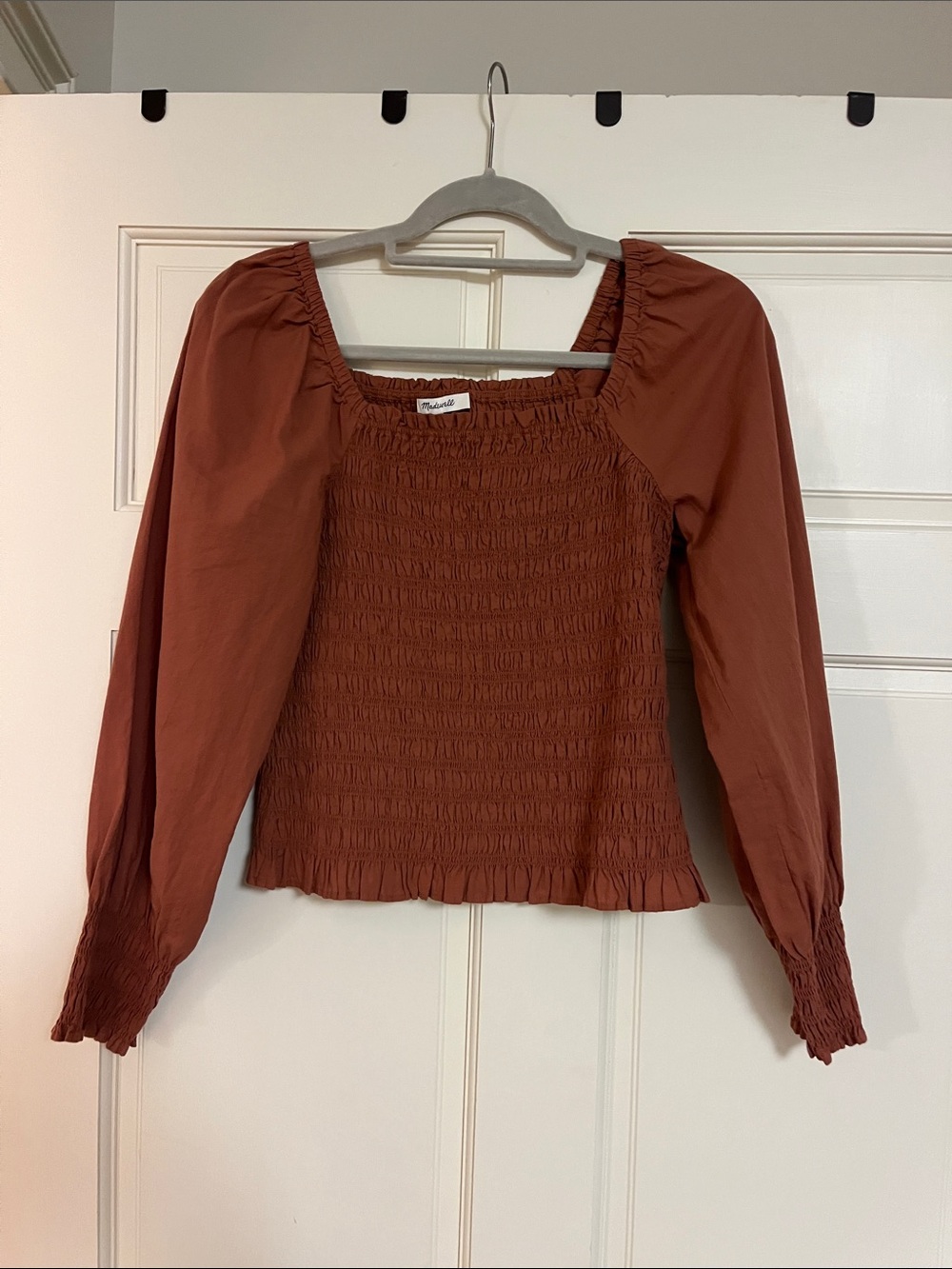 Madewell Smocked Square-Neck Long Sleeve Top - Rust - Size XS